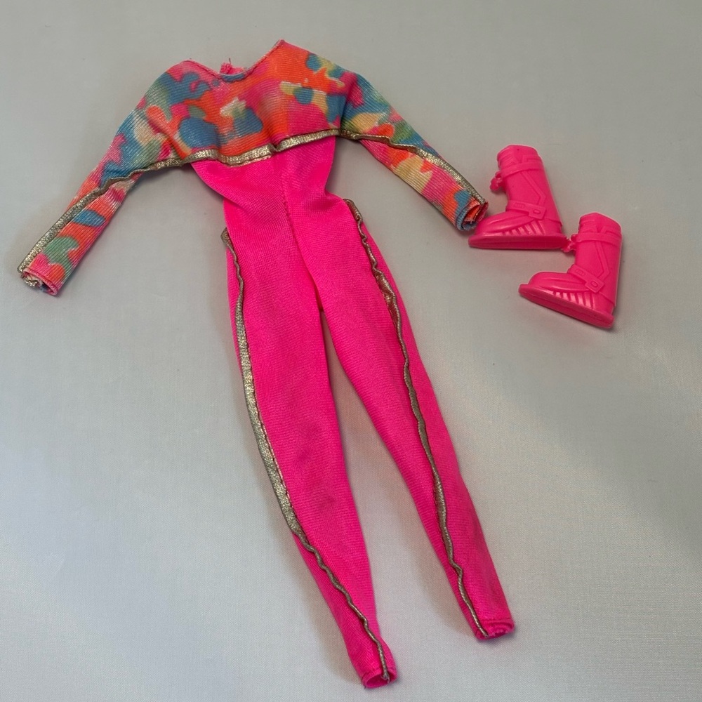 outfit is the Vintage 1991 Ski Fun Barbie Pink Neon Jumpsuit (Mattel #7511)